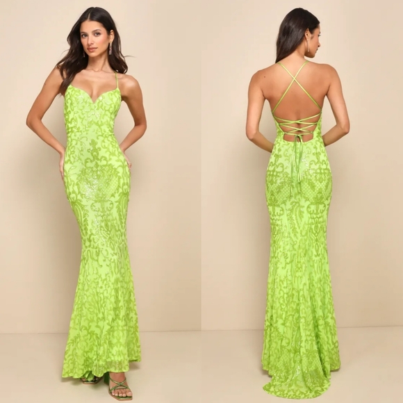 Lulus Dresses & Skirts - Lulus Limitless Glamour Lime Green Sequin Lace-Up Maxi Dress S Wedding Prom